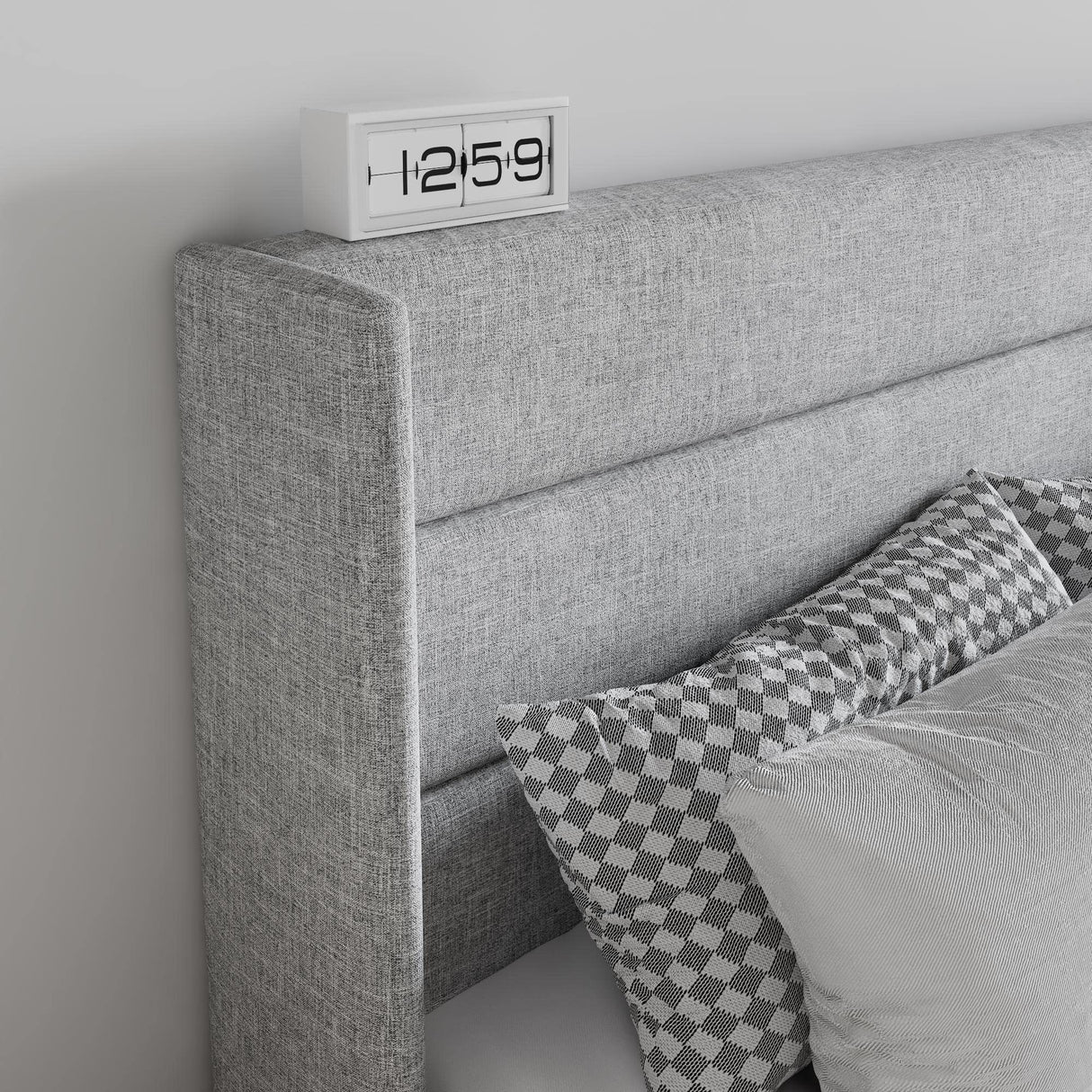 Queen Size Hydraulic Lift Storage Bed with Modern Wingback Headboard in Light Grey SHA CERLIN