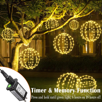 Joomer 2 Pack Christmas Ball Lights, 12IN 120 LED Foldable Metal Sphere Lights, Connectable Waterproof 8 Modes with Timer, Hanging Tree Globe Lights for Holiday Christmas Decorations (Warm White)