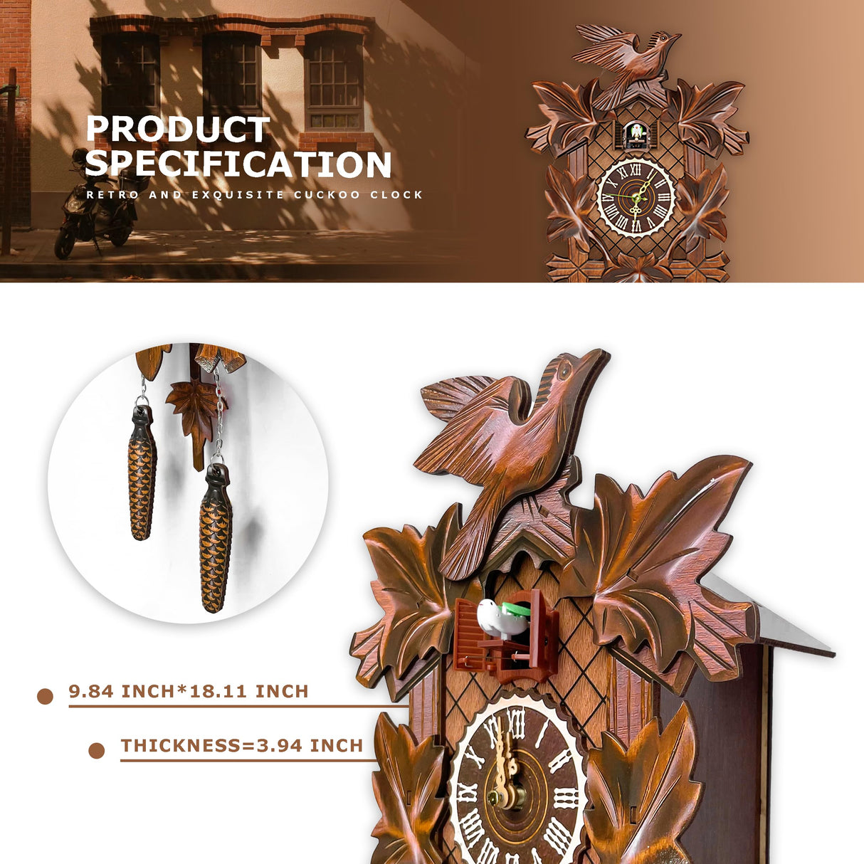 STRONGBERRY Handcrafted Cuckoo Wall Clock with Silent Movement, Pendulum & Chime Function - Classic Vintage Wooden Cuckoo Clock - 18.11 x 9.84 x 3.94 inches STRONGBERRY
