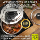 Universal 6.3 Quart / 6 Liter Stainless Steel Easy Use Pressure Cooker + Extra Glass Lid, Induction Compatible, Pressure Cooker & Multipurpose Pot, 7 servings, Pressure Canner universal