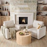 LINSY HOME Round Coffee Table, 31.5" Drum Coffee Table with Sliding Tambour Door, Fluted Accent Center Table with Storage, Mid Century Modern Coffee Table for Living Room, Oak LINSY HOME