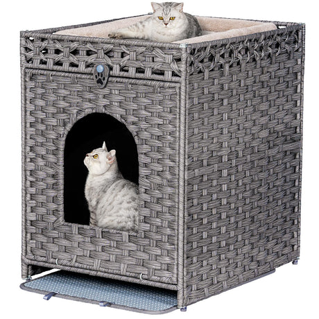 Snughome Cat Litter Box Enclosure with Cat Litter Mat, Hidden Cat Washroom Furniture with Door, Handwoven Rattan Cat Washroom Box, Indoor Pet House Storage for Living Room, Bedroom, Balcony (Grey) Snughome