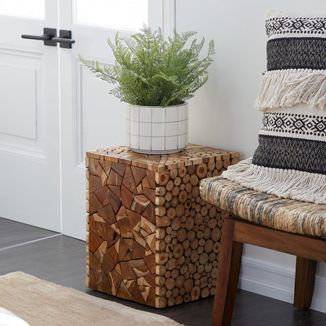 Deco 79 Teak Wood Handmade Side End Accent Table End Table with Mosaic Wood Chip Design, Side Table 14" x 14" x 18", Brown Deco 79
