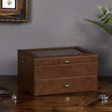 BEWISHOME 20 Slot Watch Box for Men Watch Case, Watch Display Case with Real Glass Lid, 2 Layers Watch Holder Organizer, Metal Hinge, Brown Leather SSH24Z BEWISHOME