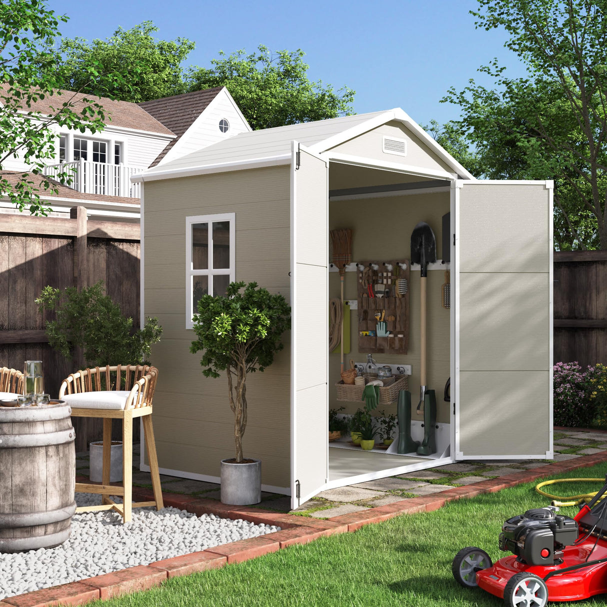 UDPATIO Outdoor Storage Shed 6x4.5 FT, Plastic Resin Outside Sheds & Outdoor Storage for Trash Can, Bike, Lawnmower, Generator, Tool Shed with Lockable Door for Backyard, Lawn, Patio, Sandstone UDPATIO