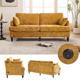 KEIKI Modern Style Chenille 2-Seater Wood-Legged Sofa with LED Light, USB Charging Port and Storage Bag Living Room Bedroom Study Room, Mustard Yellow KEIKI