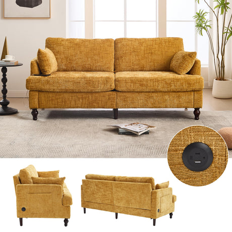 KEIKI Modern Style Chenille 2-Seater Wood-Legged Sofa with LED Light, USB Charging Port and Storage Bag Living Room Bedroom Study Room, Mustard Yellow KEIKI