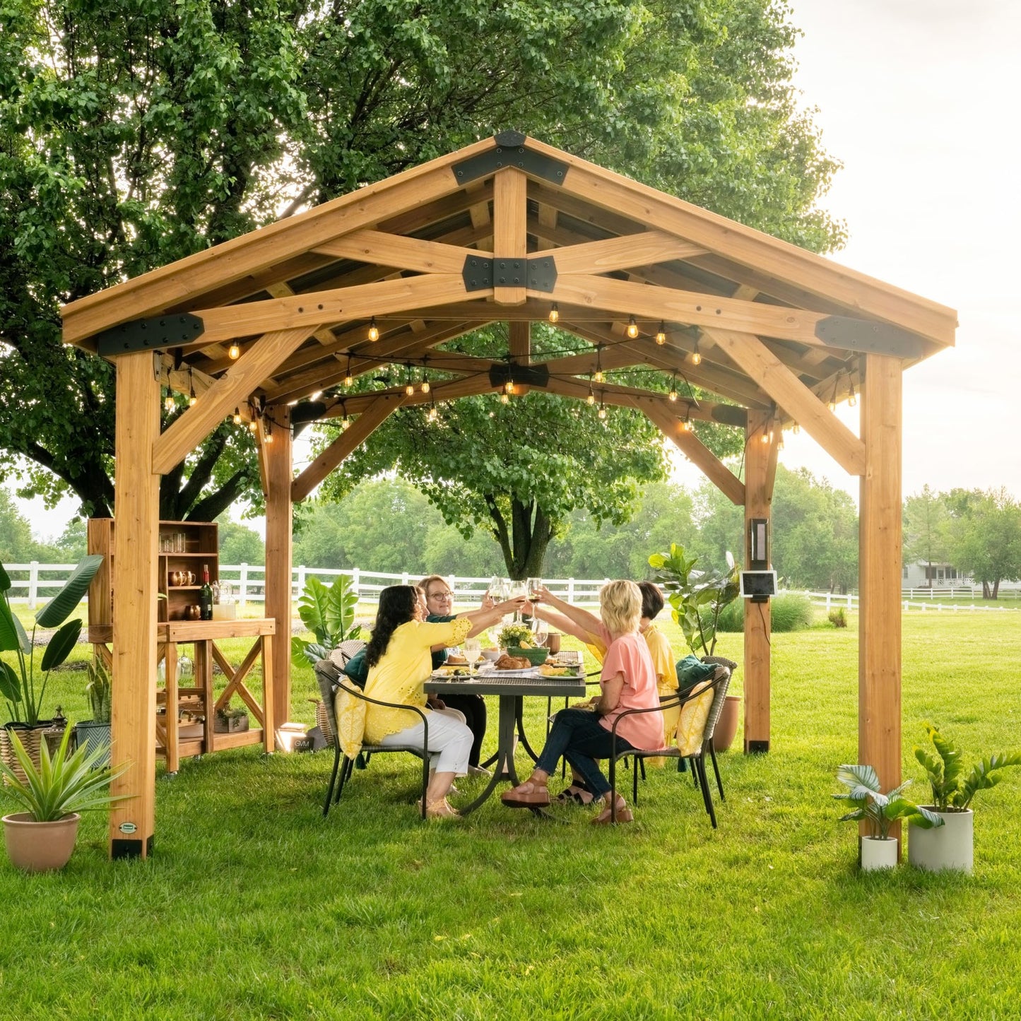 Backyard Discovery Norwood 14 ft. x 10 ft. Cedar Wood Gazebo,Thermal Insulated Steel Roof, Durable, Supports Snow Loads and Wind Speed, Rot Resistant, Backyard, Deck, Garden, Patio Light Brown