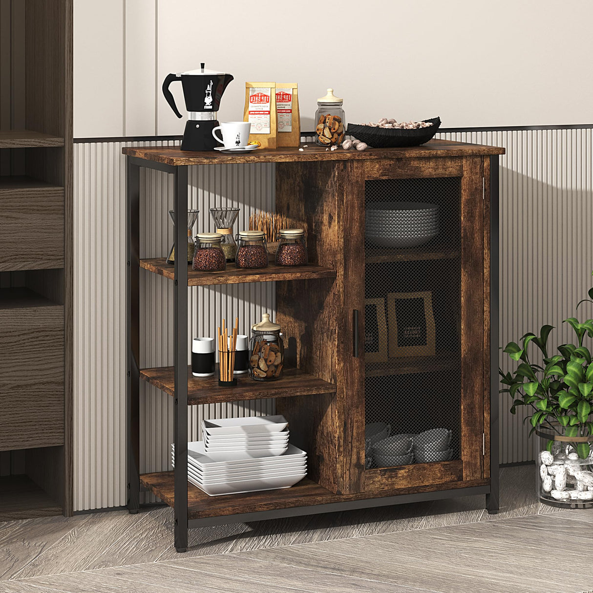 LVSOMT Industrial Farmhouse Buffet Cabinet with Storage and Adjustable Shelves - Brown Coffee Bar Table LVSOMT