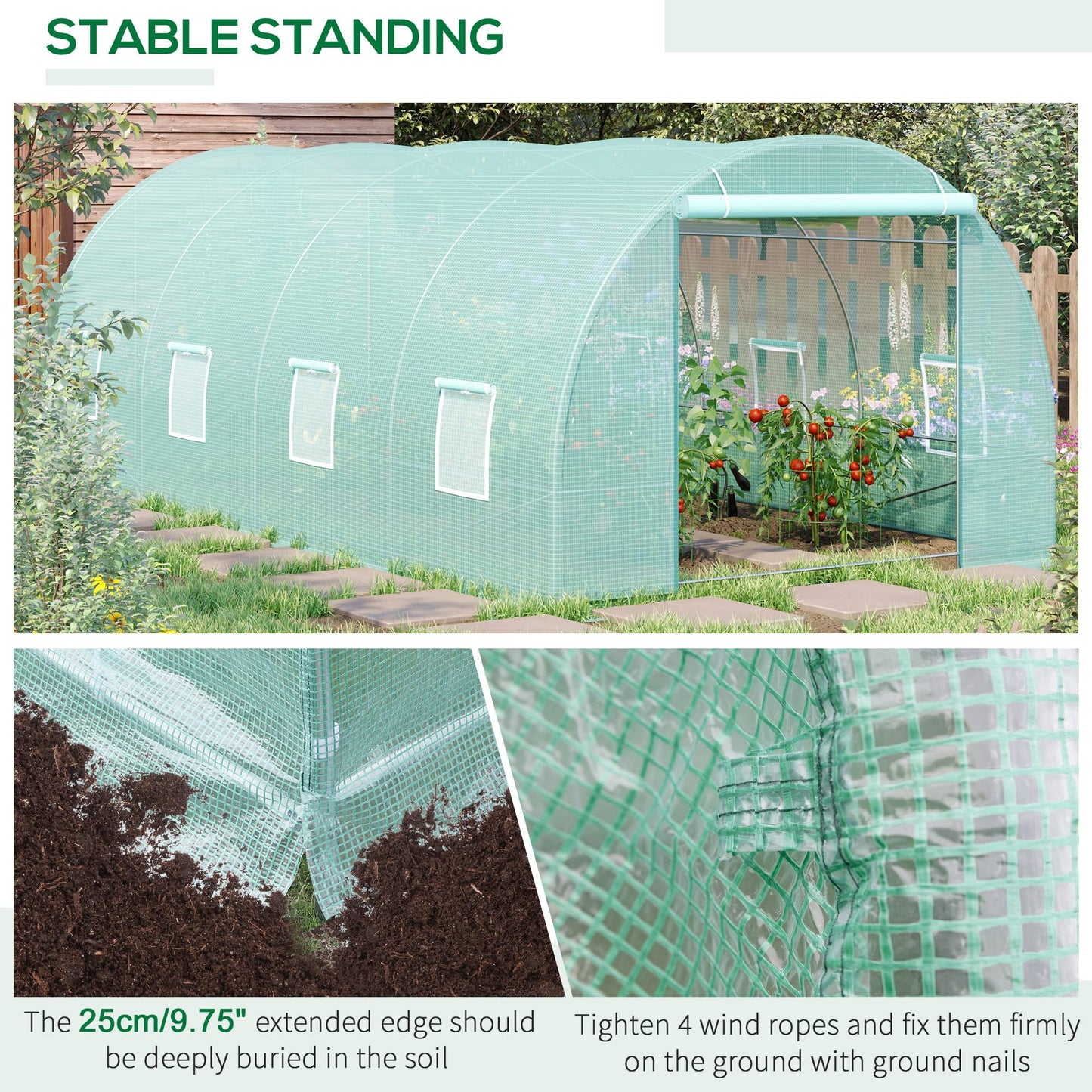 Outsunny 20' x 10' x 7' Walk-in Tunnel Greenhouse, Garden Warm House, Large Hot House Kit with 8 Roll-up Windows & Roll Up Door, Steel Frame, Green