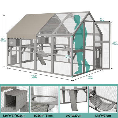 YITAHOME Extra Large Catio Outdoor Cat Enclosure, 110 inch Outside Cattery with Weatherproof Roof, Cat Scratcher Ramp, Cat Space Capsule Bed, 2 Bridges, 2 Resting Houses, 7 Platforms