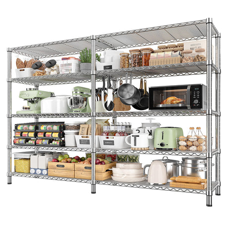 REIBII 1500LBS Storage Shelves 61.7''W Wire Shelving Unit 5 Tier Metal Shelving for Storage Rack Shelves Heavy Duty Garage Shelf Pantry Shelves Kitchen Shelving, 61.7" W*72.4" H*15.8" D, Chrome REIBII