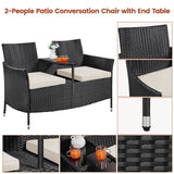 Yaheetech Patio Loveseat, Outdoor Wicker Double Chair w/Side Table, PE Rattan Furniture Set for Two People, Love Seat w/2 Removable Cushions & 1 Tempered Glass Side Table, Black/Beige Yaheetech