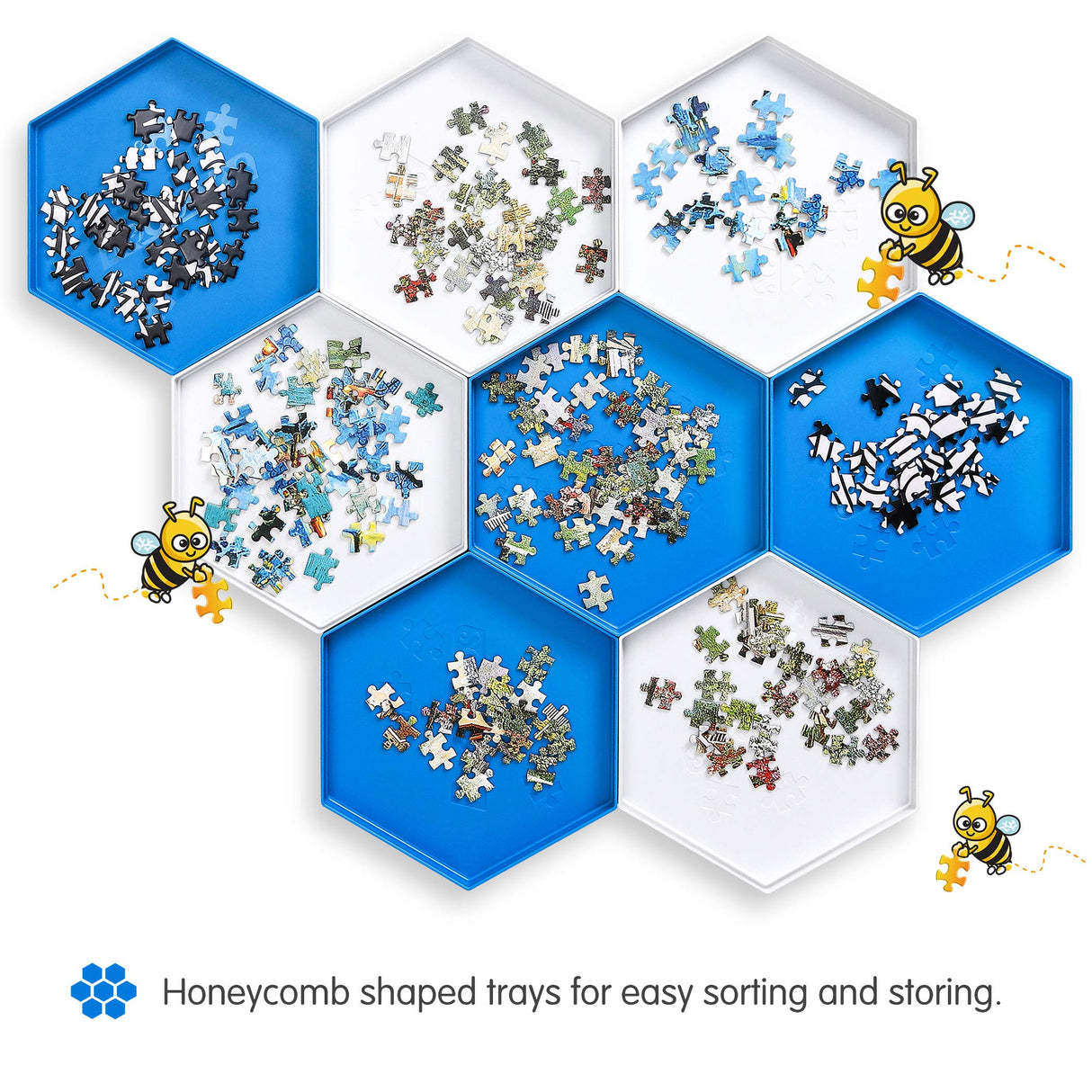 Becko US Stackable Puzzle Sorting Trays Jigsaw Puzzle Sorters with Lid Puzzle Accessory for Puzzles Up to 1500 Pieces, 8 Hexagonal Trays in White & Blue Becko US