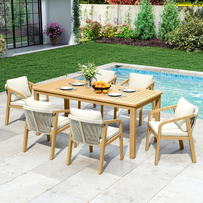 7-Piece Outdoor Dining Set for 6 with 23" Extra Wide Chair and Cushion，Patio Table and Chairs Set with All Acacia Wood Frame, All-Weather PE Rattan Outdoor Patio Furniture Set for Lawn Garden, Beige