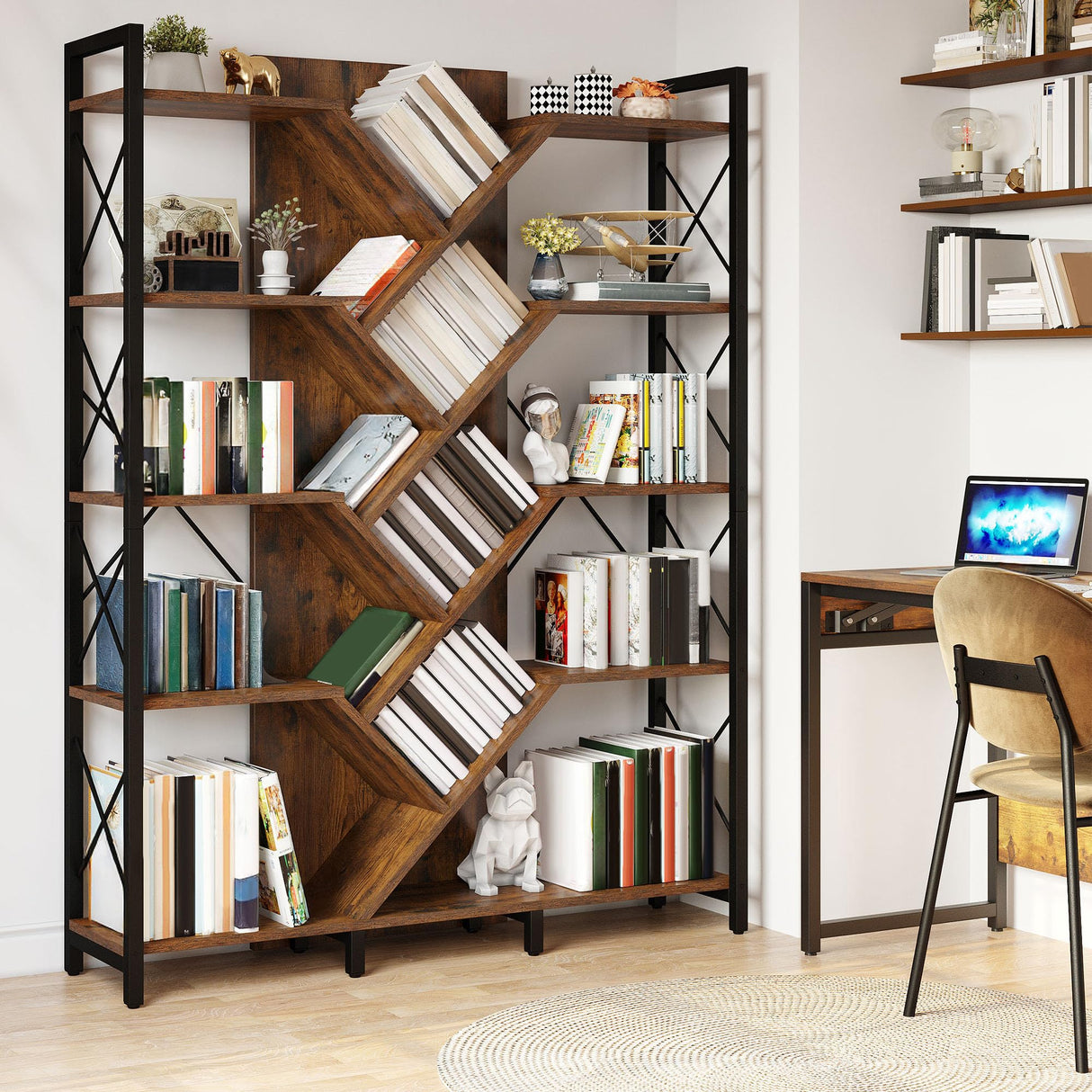 DWVO Industrial Tree Bookshelf, Large 5 Tier Bookcase Tall Standing Book Shelves Organizer Display Rack for Living Room Home Office, Rustic Brown DWVO