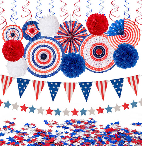 29PCS 4th/Fourth of July Patriotic Decorations Set - Red White Blue Paper Fans,USA Flag Pennant,Star Streamer,Pom Poms,Hanging Swirls Party Decor Supplies jollylife