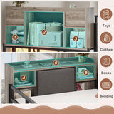 Twin Loft Bed with L-Shaped Desk, Metal Twin Size Loft Bed for Kids with Storage Headboard&Hall Tree, 2 Fabric Drawers, LED Lights&Charging Station, Safety Guard & Ladder, No Box Spring Needed (Gray) Dnxao