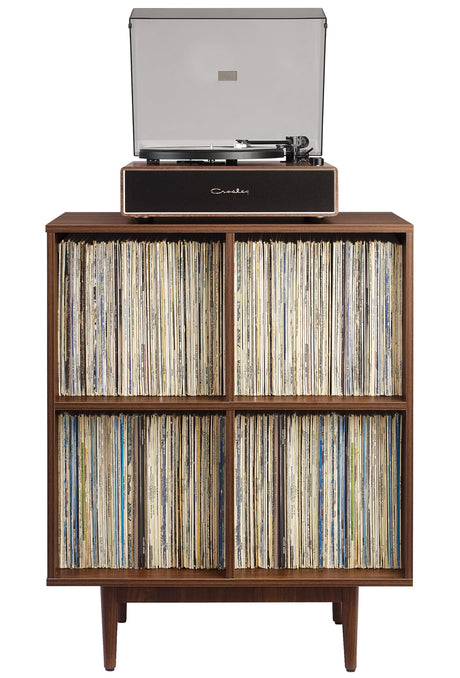 Crosley Furniture Liam Vinyl Record Storage 4 Cube Media Stand for Turntables, Mid-Century Modern Bookshelf, Walnut Crosley Furniture