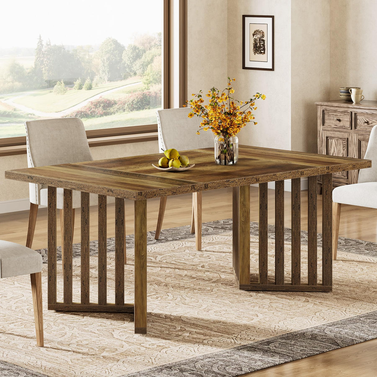 Tribesigns 63-inch Rectangular Dining Table for 4-6, Farmhouse Kitchen Dinner Eating Table with Slatted Base, Wood Dining Room Furniture for Home, Rustic Brown Tribesigns