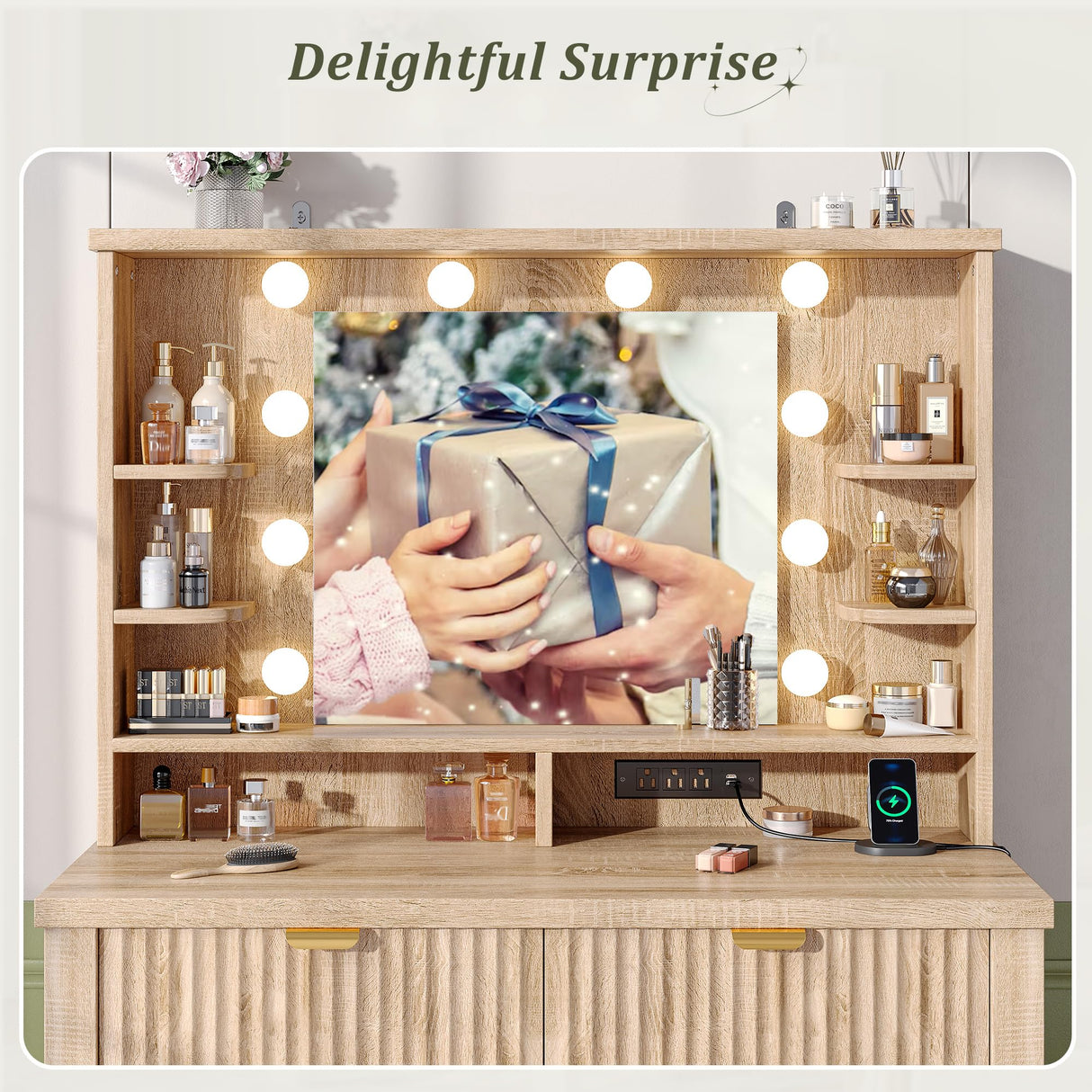 Homkdom Vanity Desk with HD Mirror and 3-Color Adjustable Lights, Fluted Makeup Vanity with Storage Stool, 2 Large Drawers & Charging Station, Small Vanity for Women's Bedroom, Dressing Room, Oak Homkdom