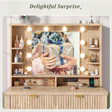 Homkdom Vanity Desk with HD Mirror and 3-Color Adjustable Lights, Fluted Makeup Vanity with Storage Stool, 2 Large Drawers & Charging Station, Small Vanity for Women's Bedroom, Dressing Room, Oak Homkdom