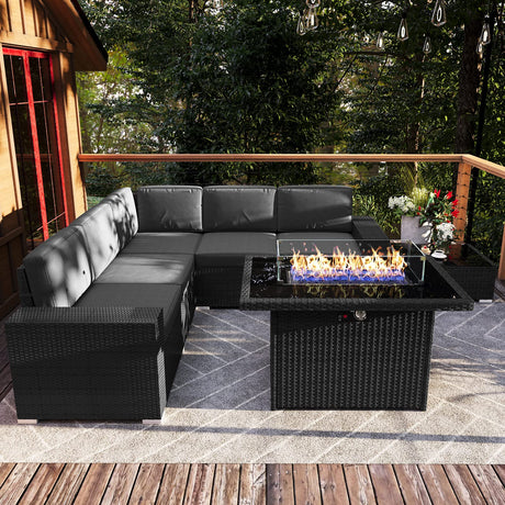 Vakollia 7 Pieces Patio Furniture Set with 44" Propane Gas Fire Pit Table, Outdoor Sectional Wicker Conversation Sofa Sets with Coffee Table Vakollia