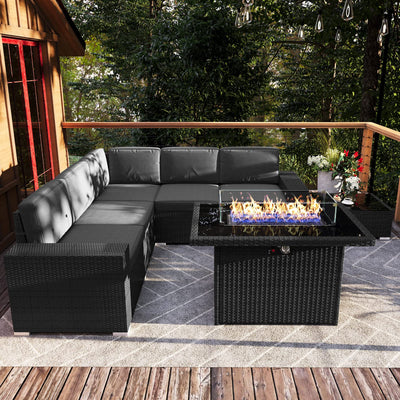 Vakollia 7 Pieces Patio Furniture Set with 44" Propane Gas Fire Pit Table, Outdoor Sectional Wicker Conversation Sofa Sets with Coffee Table