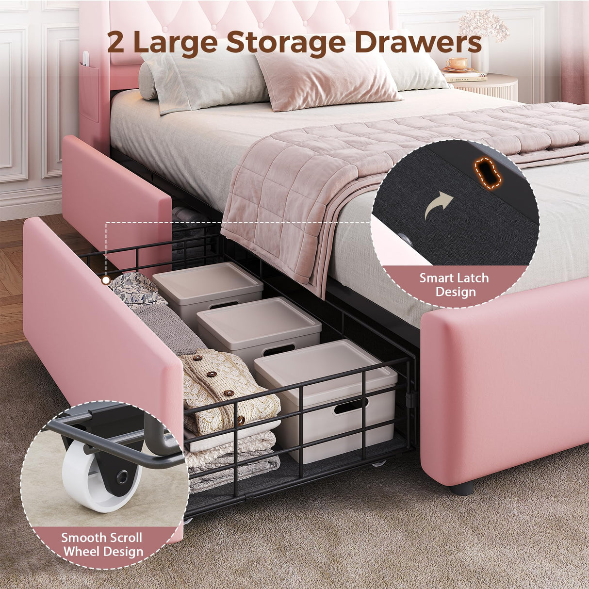 Twin LED Velvet Bed Frame with 2 Storage Drawers&Hidden Headboard, Upholstered Platform Bed with Charging Station&Button Tufted Design, Wooden Slats Support, Box Spring Optional, Easy Assembly, Pink Jocoevol