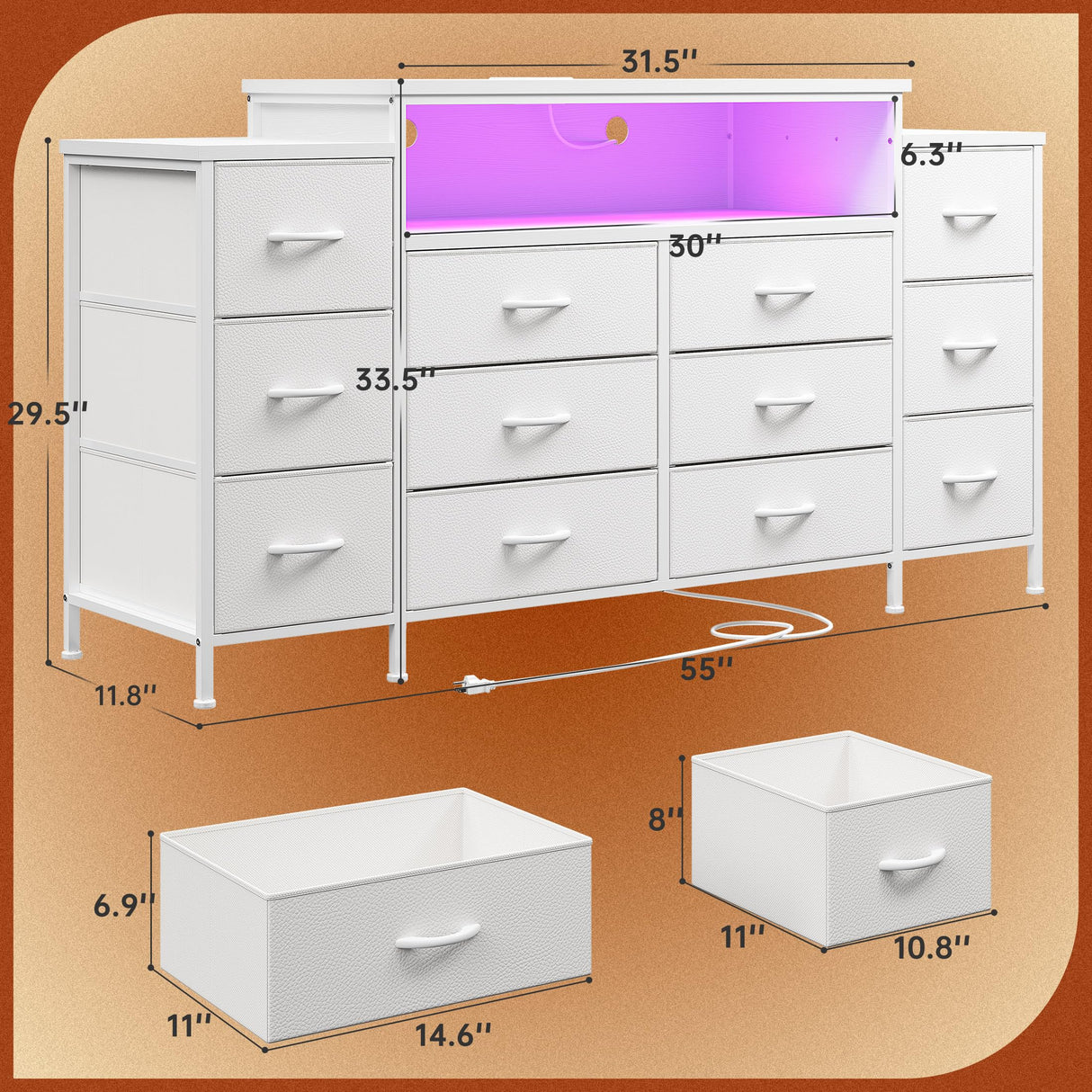 EnHomee 55" W Dresser for Bedroom with LED Lights & Charging Station 12 Drawer Dressers & Chests of Drawers Dresser TV Stand for Bedroom for Hanging 65" TV, Metal Frame & Fabric Drawers, White EnHomee