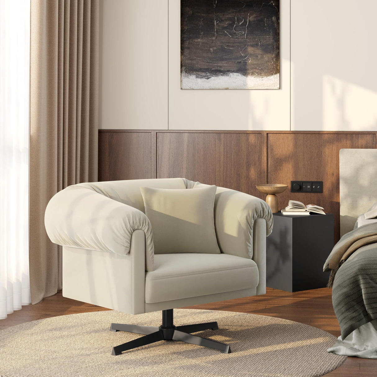 Yaheetech Swivel Velvet Armchair with Pillow, Modern Upholstered Accent Chair for Living Room, Comfy Cozy Single Sofa Chair for Bedroom/Reading Spaces Beige Yaheetech