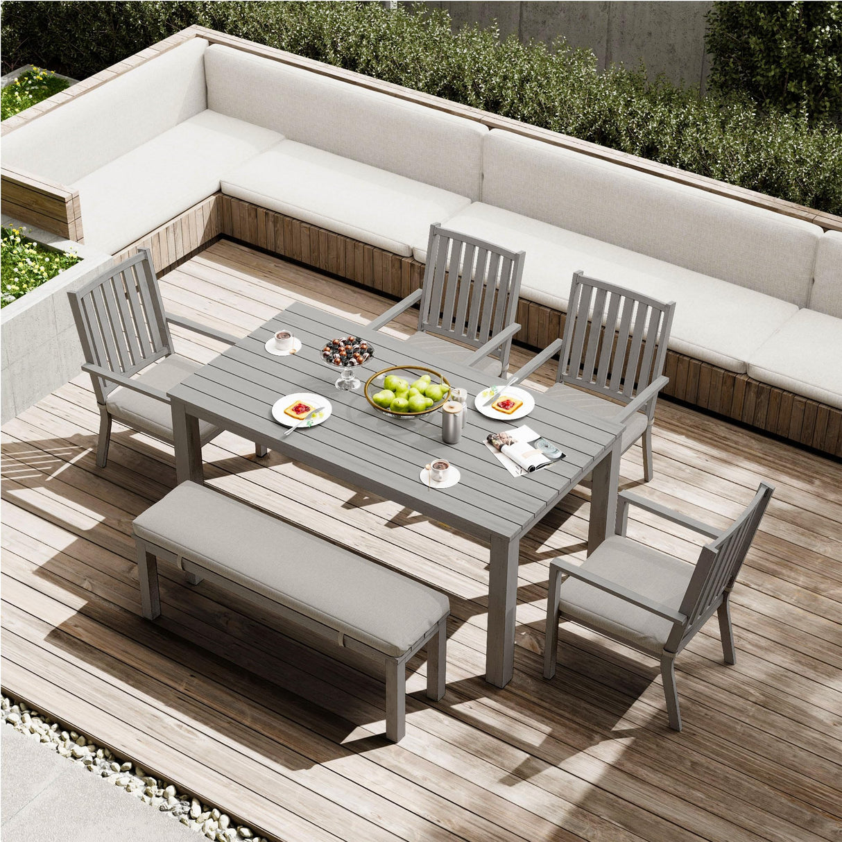 RoyalCraft Aluminum 6 Pieces Patio Dining Sets, Outdoor Dining Table with 4 Chairs and Bench, Outdoor Patio Dining Furniture Set with Removable Cushion for Lawn, Garden, Backyard, Gray RoyalCraft