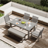 RoyalCraft Aluminum 6 Pieces Patio Dining Sets, Outdoor Dining Table with 4 Chairs and Bench, Outdoor Patio Dining Furniture Set with Removable Cushion for Lawn, Garden, Backyard, Gray RoyalCraft