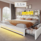 DWVO Queen Size Bed Frame with RGB LED Lights & Storage Bookcase Headboard, Upholstered Bed with Charging Station and 4 Drawers, No Box Spring Needed, Easy Assembly, Noise-Free, PU Leather White DWVO