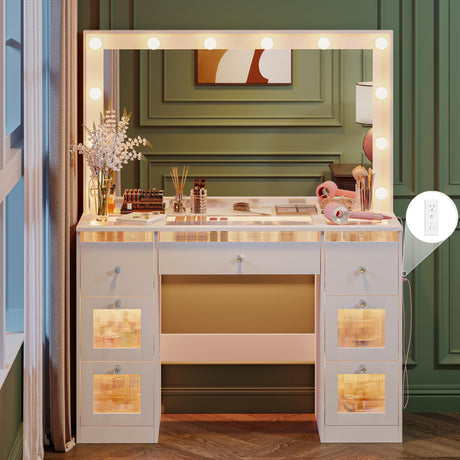 IFSEB Vanity Desk with Mirror and Lights 3 Colors, Glass Top Vanity with 7 Lighted Drawers & Power Outlet, Makeup Desk with Mirror for Women, Dressing Table for Bedroom, White IFSEB