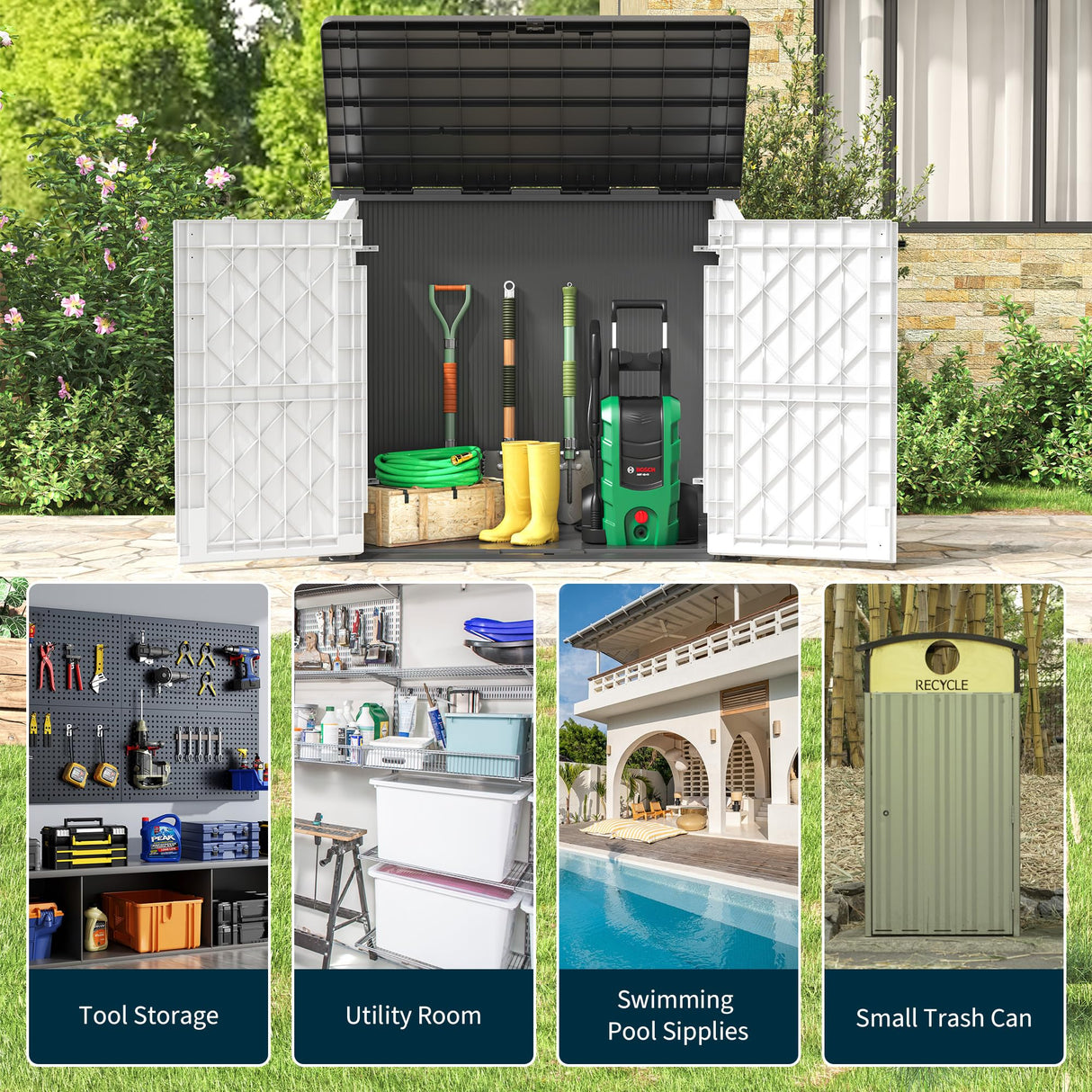 LHBGO Horizontal Storage Shed, Outdoor Resin Storage Shed 36 Cu. Ft. Garden Extra Large Capacity Weather Resistant Storage Box, Lockabl Waterproof Shed for Garbage Cans, Garden Tools, Light Gray LHBGO