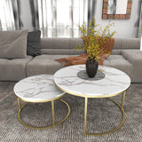 Xinyvee Nesting Coffee Table Set of 2, 31.5" Round Coffee Table Wooden Marble Pattern Accent Furniture, Industrial End Table for Living Room Bedroom Balcony (White/Gold) Xinyvee