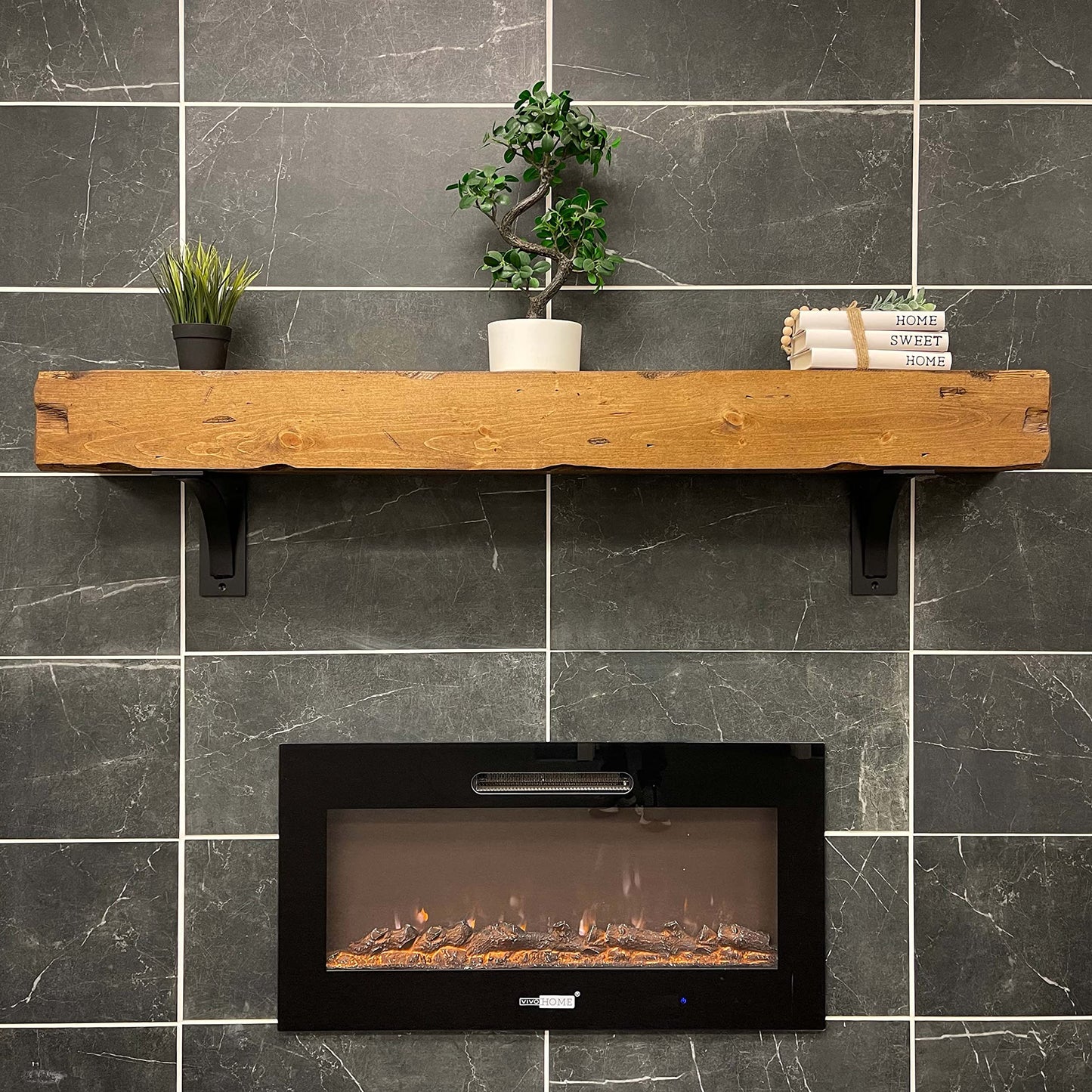 URBANDI 1-tier Fireplace Mantel, Distressed, Rustic, Floating Shelf, Modern, Real Wood. (72Lx6Hx8D, Brown)