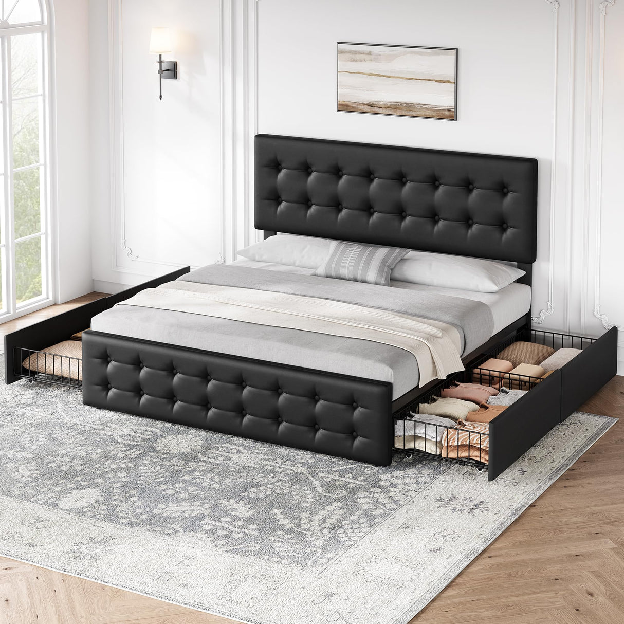 GarveeHome King Size Bed Frame with 4 Storage Drawers and Faux Leather Upholstered Headboard, Wooden Slats Support, Button Tufted Design, No Box Spring Needed, Black GarveeHome