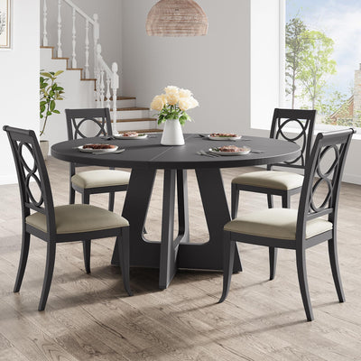GarveeHome 47-Inch Round Large Dining Table Set for 4 to 6, Farmhouse Dinner Table with Wooden Top and Legs for Home Dining Room or Living Room - Black(No Chairs)