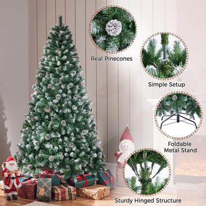 Yaheetech 6ft Artificial Christmas Tree, Snow Flocked Christmas Tree w/64 Pinecones, 920 Frosted Tips, Pre-Decorated Tree for Holiday Party Decoration