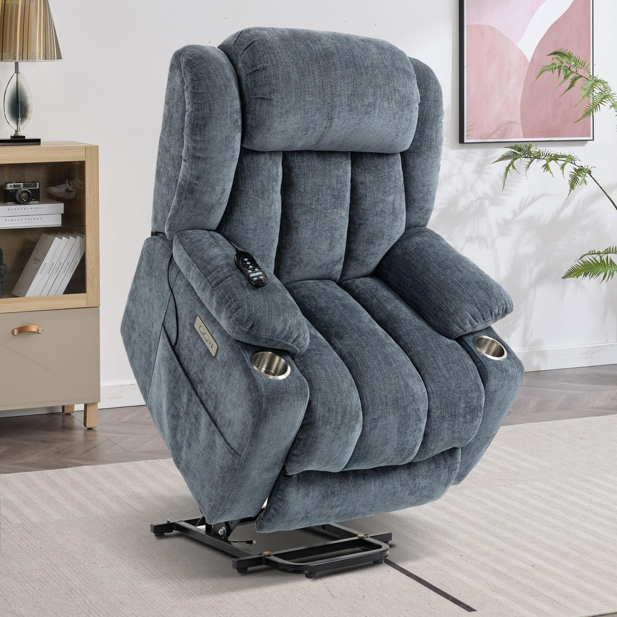 Trustyue Power Lift Chair with Full-Body Massage and Heat, Electric Recliner Chairs for Adults, Remote Control, Standing Assistance, USB Ports, Stainless Steel Cup Holders, Chenille Blue Trustyue