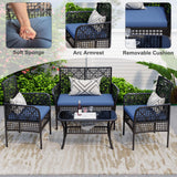 HLNPTN 4 Pieces Outdoor Patio Furniture Set, PE Rattan Chairs Wicker Furniture with Coffee Glass Table and Soft Cushions, Outdoor Seating Conversation Set for Lawn, Porch, Garden (Blue) HLNPTN