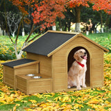 Large Dog House Outdoor, Wood Dog House with Feeding Bowls and Storage Box, Waterproof Roof Doghouse Suitable for Medium Large Dogs - 51.18" L x 43.7" W x 37" H Runave