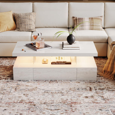 ChooChoo Modern LED Coffee Table, High Glossy Coffee Table with Drawer, Coffee Table with Storage for Living Room, Bedroom, White ChooChoo