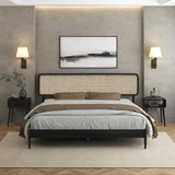 NTC Lupin Wooden Bed Frame with Headboard and Natural Rattan, Solid Oak Foundation with Silent Slats, 1000 Lb Capacity, Effortless Assembly, King - Burnt Black NTC