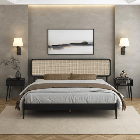 NTC Lupin Wooden Bed Frame with Headboard and Natural Rattan, Solid Oak Foundation with Silent Slats, 1000 Lb Capacity, Effortless Assembly, King - Burnt Black NTC