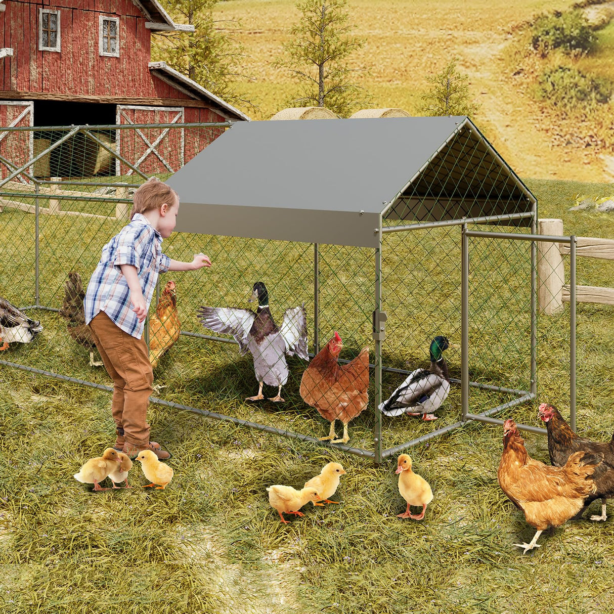 Large Metal Chicken Coop, 120" x 40" x 40" Chicken Run with Cover, Outdoor Walk in Poultry Cage, Metal Chicken Coop for Yard Farm Duck Rabbit Hen, Silver Hipicute