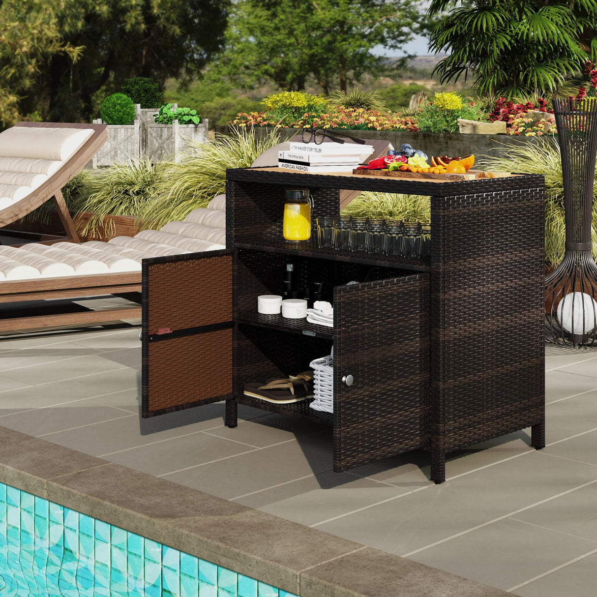Outsunny Wicker Outdoor Storage Cabinet, Rattan Outdoor Bar Table with Acacia Wood Countertop, 2 Doors and Shelf, Buffet Cabinet Sideboard for Poolside, Garden, Patio, Backyard, Brown Outsunny
