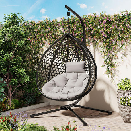 Hanging Egg Chair with Stand, Patio Rattan Wicker Patio Basket Hanging Chair, Garden Rattan Swing Hammock Chairs for Outside Balcony, Porch, Poolside, Indoor Outdoor, 330lbs Capacity, Black+ Grey FAROUCHE